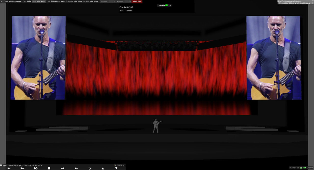 Visualisation of Sting singing on stage, red abstract projection behind him and live camera footage of him on either sides of him